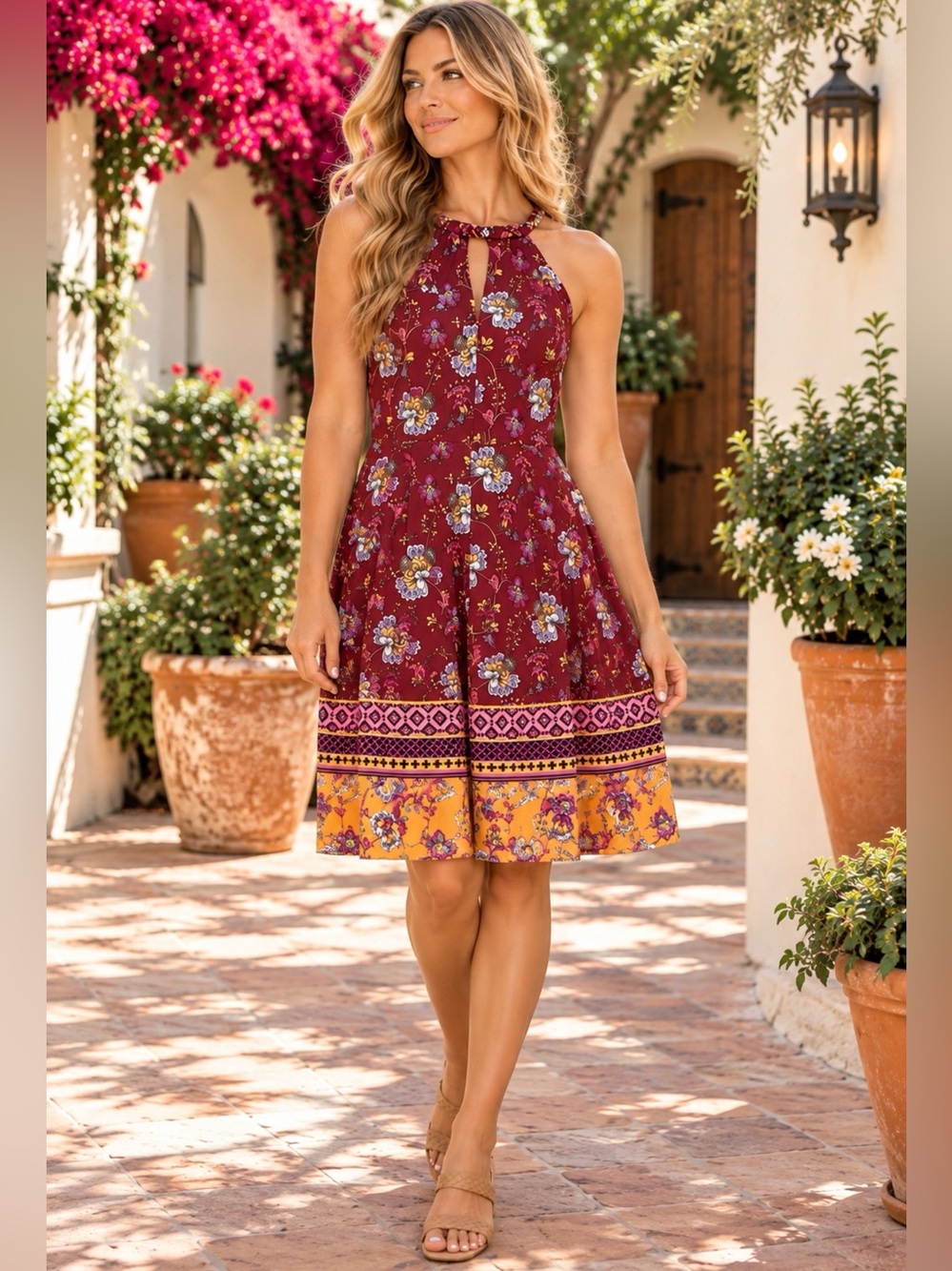 Maggie London Burgundy Floral Border Print Halter Midi Dress Size 4